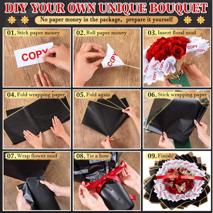 Maysing Money Bouquet Kit 12 Pcs Glitter Roses 20 Sheet Flower Wrapping Paper DIY Flower Bouquet Floral Foam Blocks Sticker for Anniversary Birthday Mother's Day Graduation(Red)