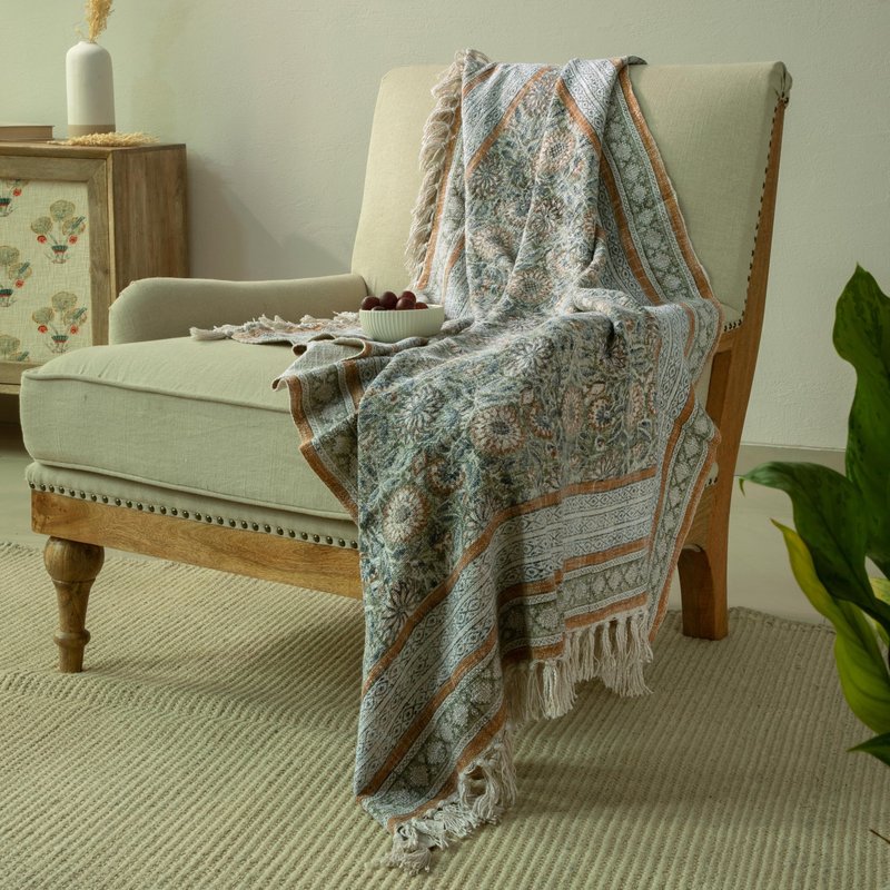 HOME WIBE 100% Pure Cotton Handblock Printed Throw Blanket, Soft 50" x 60" Fringed Floral Print Throw for Couch, Sofa, Chair, Bed - Cozy, Machine Washable, Comfortable Home Decor