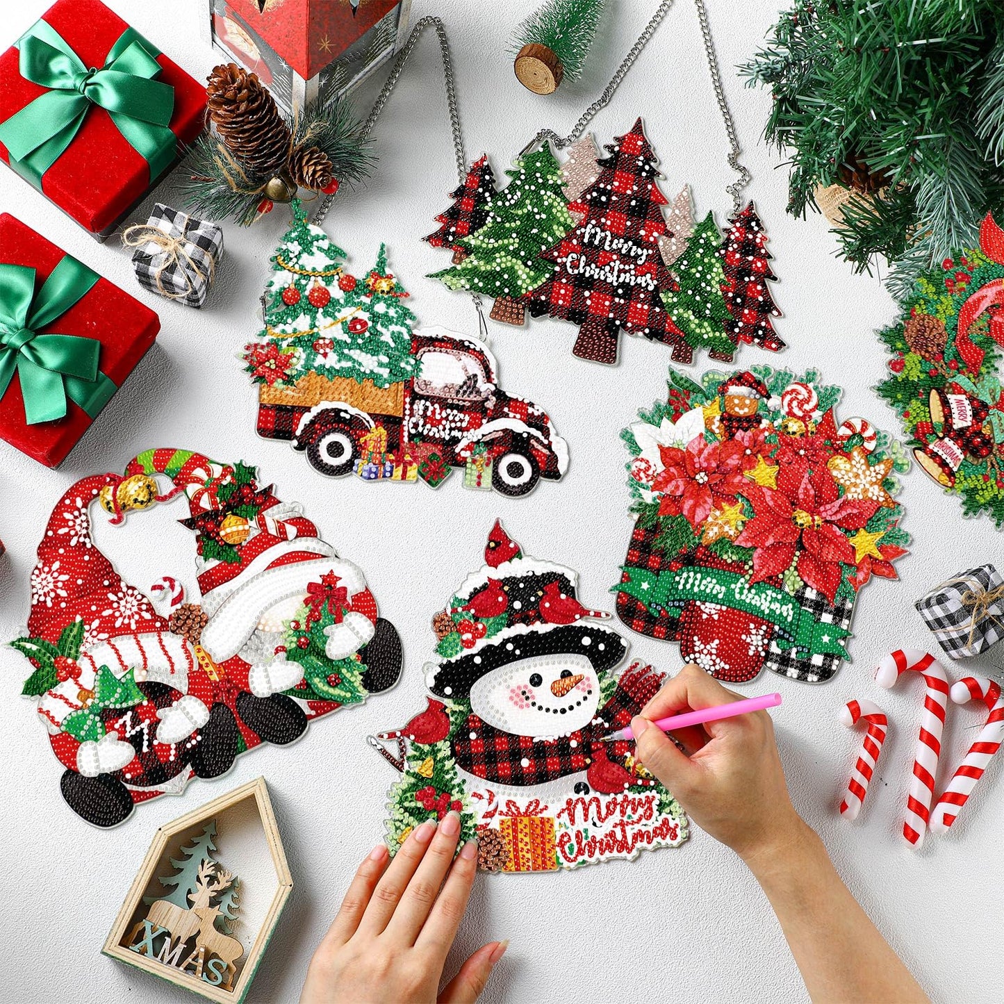 Zonon 6 Pcs Christmas Diamond Painting Hanging Sign Set 5D Gnome Snowman Diamond Art Set for Adults DIY Art Pendant Ornaments Kits Acrylic Christmas Tree Wreath Truck for Wall Window Decor