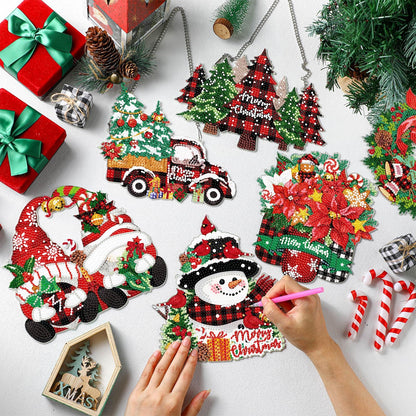 Zonon 6 Pcs Christmas Diamond Painting Hanging Sign Set 5D Gnome Snowman Diamond Art Set for Adults DIY Art Pendant Ornaments Kits Acrylic Christmas Tree Wreath Truck for Wall Window Decor