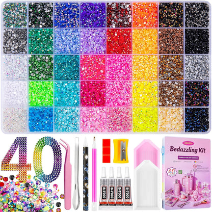Bedazzling Kit 40000Pcs 40 Colors Resin Jelly Rhinestones, Multicolor 3mm Flatback Gems for Diamond Art, Bedazzler Kit with 4Pcs 10ml B7000 Jewelry Glue & Tools for DIY Nail Art Crafting Makeup Adults