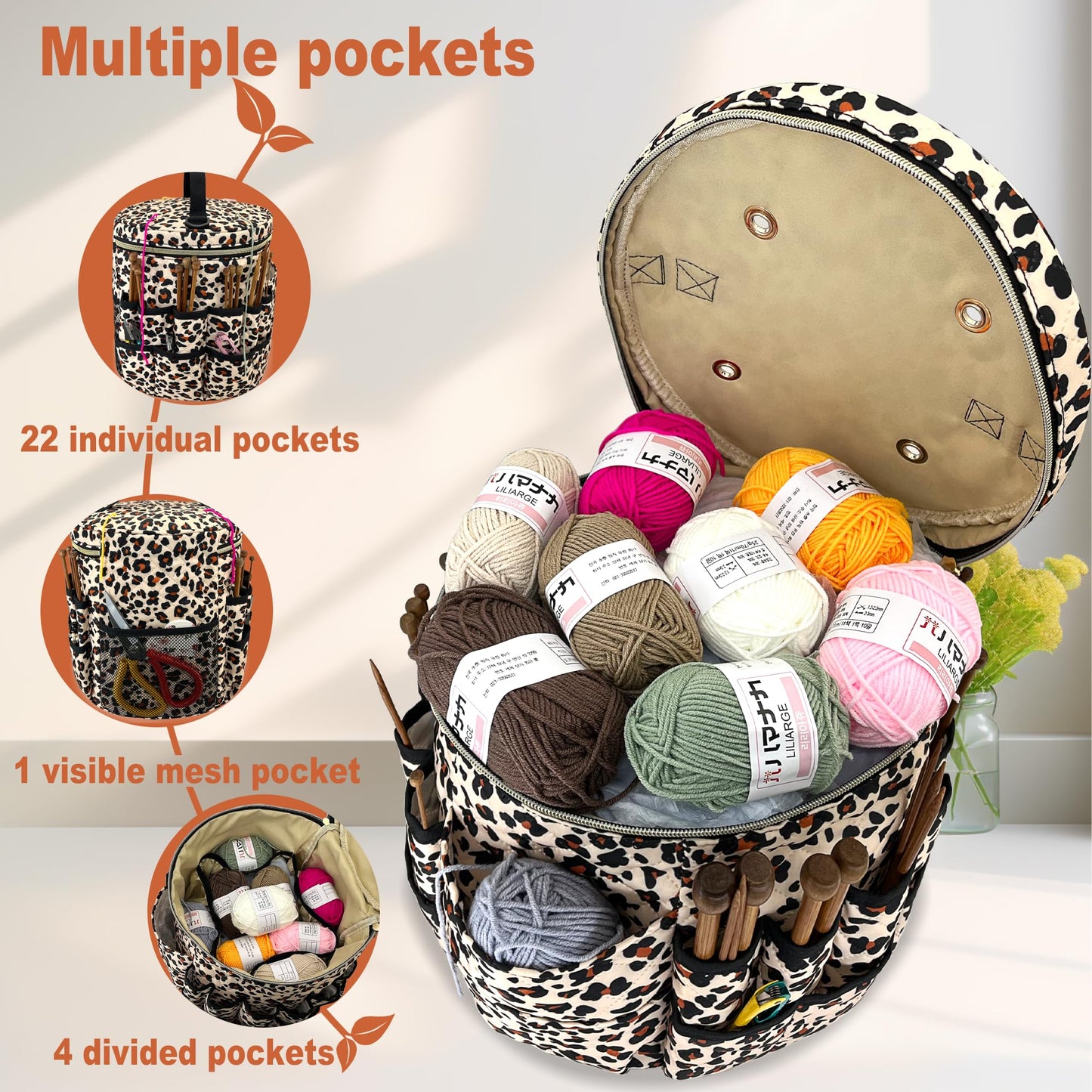 GuirCygne Crochet Bag Organizer – Durable & Heavy Duty Yarn Storage, Spacious 6L Knitting Bag for Crafters and Beginners, Easy-to-Use Leopard