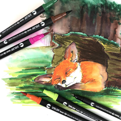 Zieler Fineliner Pens & Watercolour Brush Pens (Duo Tip, Set of 24) Ideal for Colouring, Drawing & Hand Lettering - 48 nibs - Vibrant Colours - Washable, Water-Based Ink