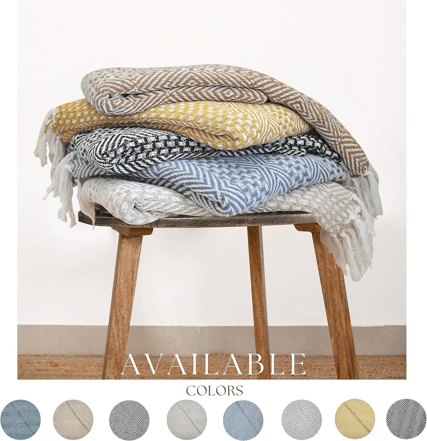 RAJRANG Rustic Throw Blanket - Decorative Tassel Cotton Throws, Geometric Woven Soft Patio Comfy Blankets Teal Blue