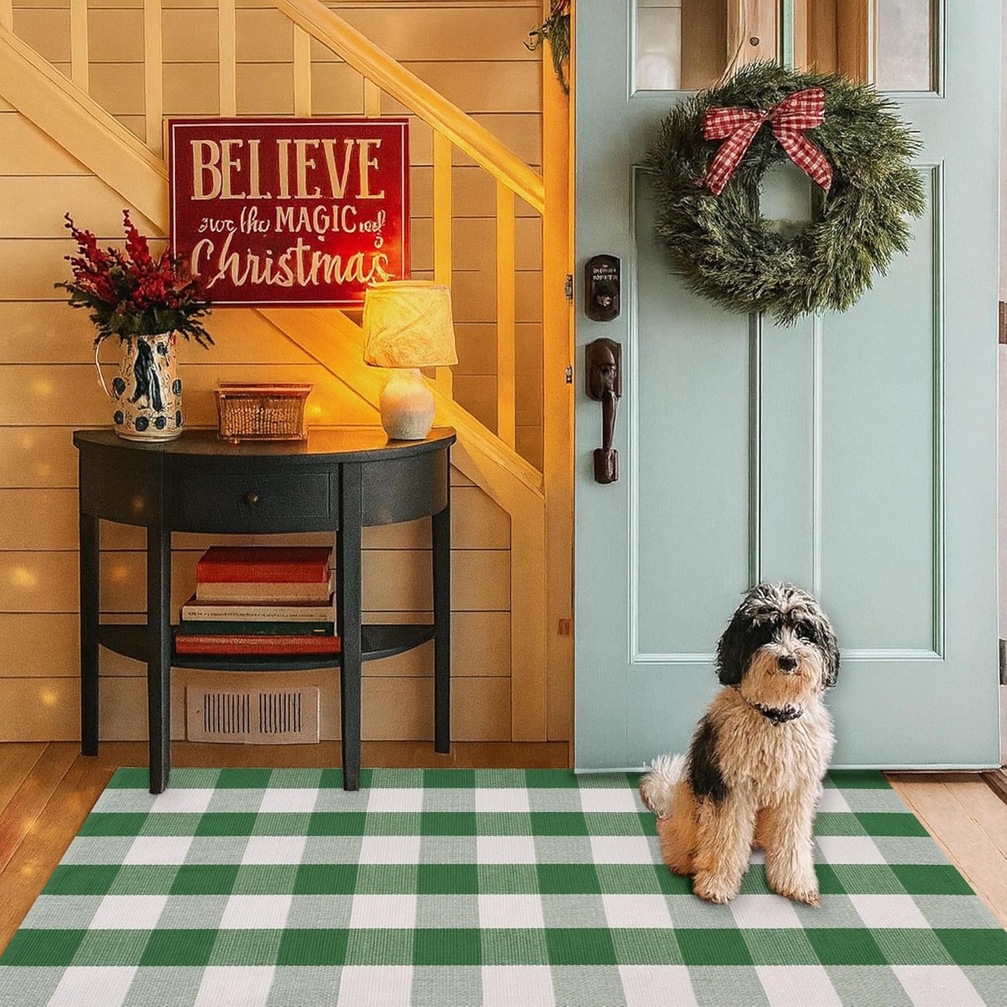28 43 Inches Christmas Green & White Plaid Rug - x Outdoor Front Door Decor Mat Cotton Washable Hand-Woven Rug