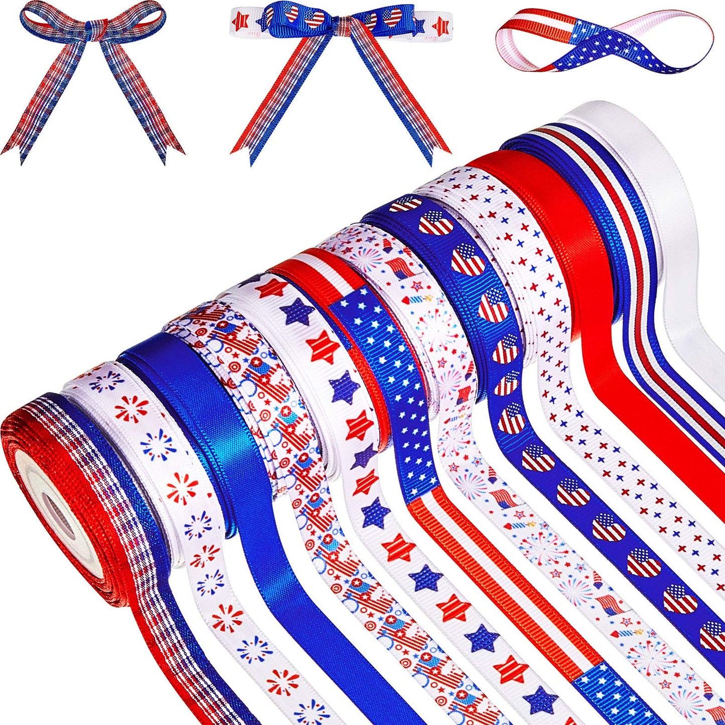 12 Rolls 60 Yards 4th of July Ribbons Red White Blue Grosgrain Ribbon Patriotic Stain Flag Ribbons for 250th Anniversary Patriotic Independence Day DIY Wrapping Craft Decoration Hair Bow Wreath