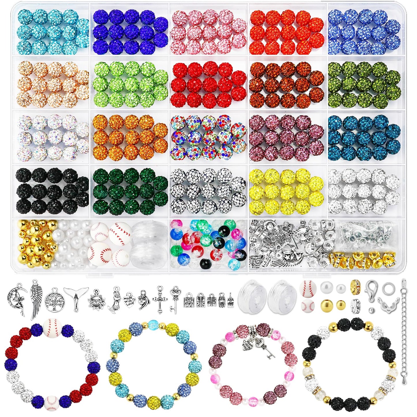 Dowarm 480PCS 10mm Rhinestone Beads Kit for Jewelry Making Baseball Necklace Friendship Bracelet, Round Disco Ball Rhinestone Clay Beading Set with Crackle Spacer Beads Charms for DIY Crafting