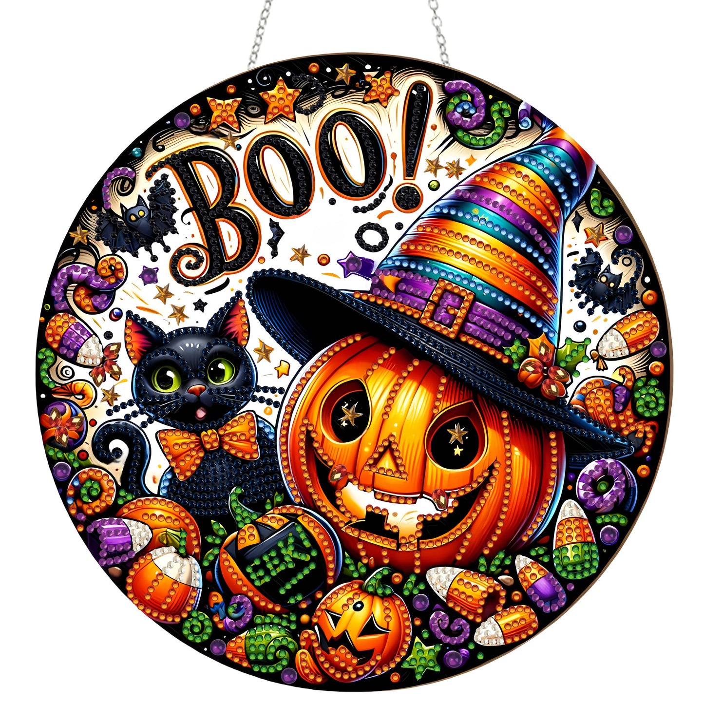 DIY Halloween Acrylic Diamond Art Painting Wreath Kits Special Shaped Rhinestone 5D Diamond Art Window Pendants Home Garden Wall Hanging Kits Hanging Ornament (Pumpkin and Cat)