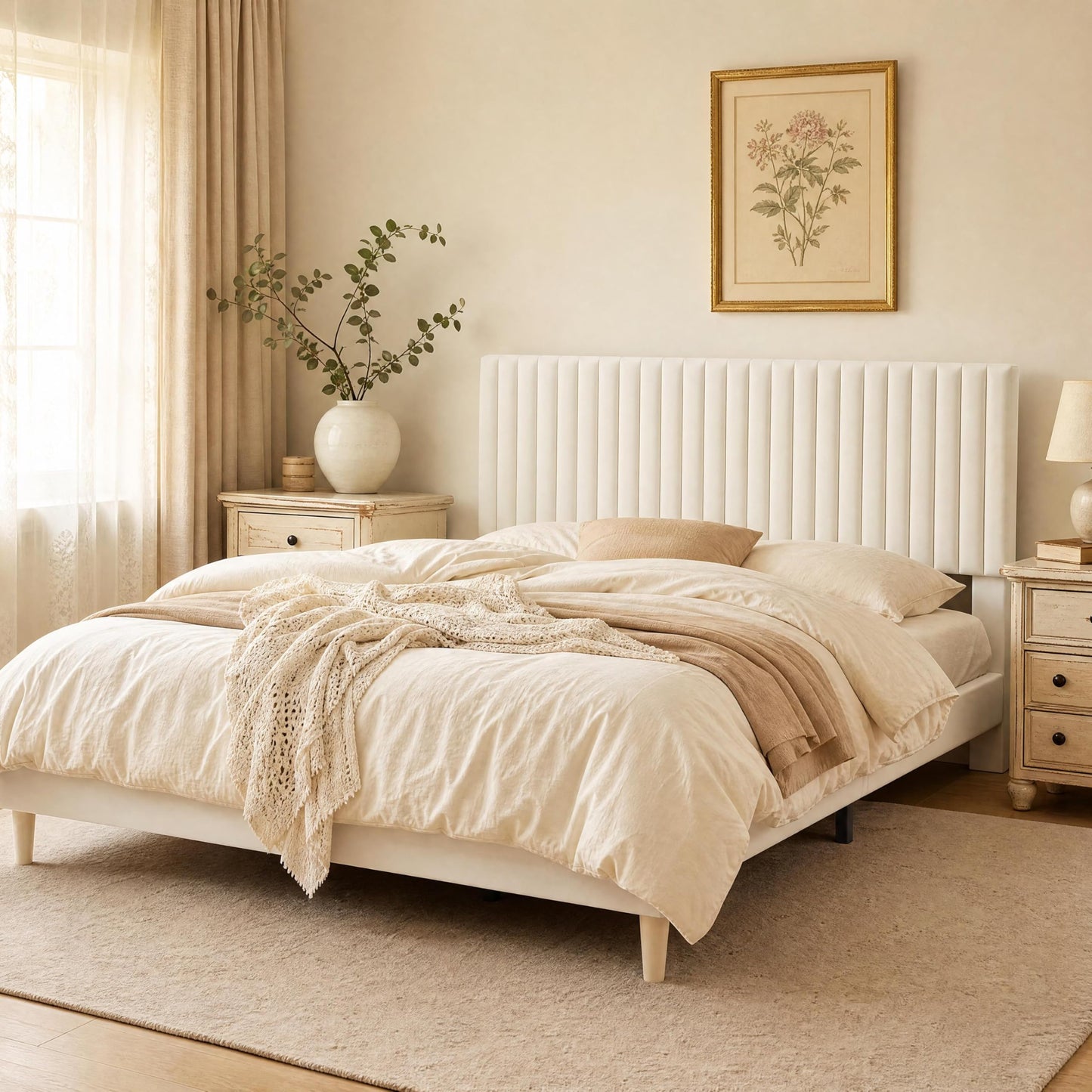 GarveeHome King Size Bed Frame, Upholstered Platform Bed Frame Queen Size with Vertical Channel Tufted Adjustable Headboard, Strong Wooden Slats Support, No Box Spring Needed, Easy Assembly, Beige