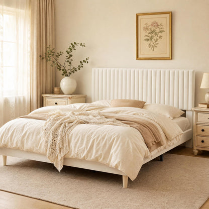 GarveeHome King Size Bed Frame, Upholstered Platform Bed Frame Queen Size with Vertical Channel Tufted Adjustable Headboard, Strong Wooden Slats Support, No Box Spring Needed, Easy Assembly, Beige