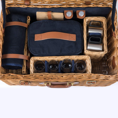 PICNIC TIME - Windsor Luxury Picnic Basket for 4 - Large Wicker Picnic Basket - Deluxe Picnic Set 4, (Navy Blue)