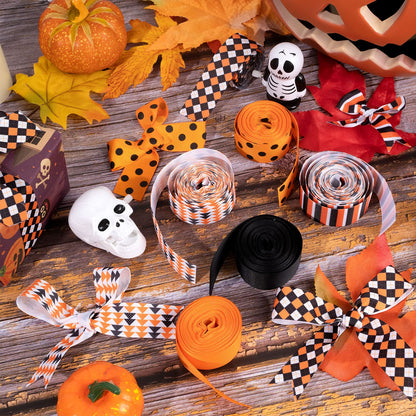 Whaline 6 Roll Halloween Grosgrain Ribbon Geometric Dot Gift Wrapping Ribbon 30 Yard Orange Black White Holiday Craft Ribbon for Halloween Party Decoration Sewing Bow Craft Gift Wrapping