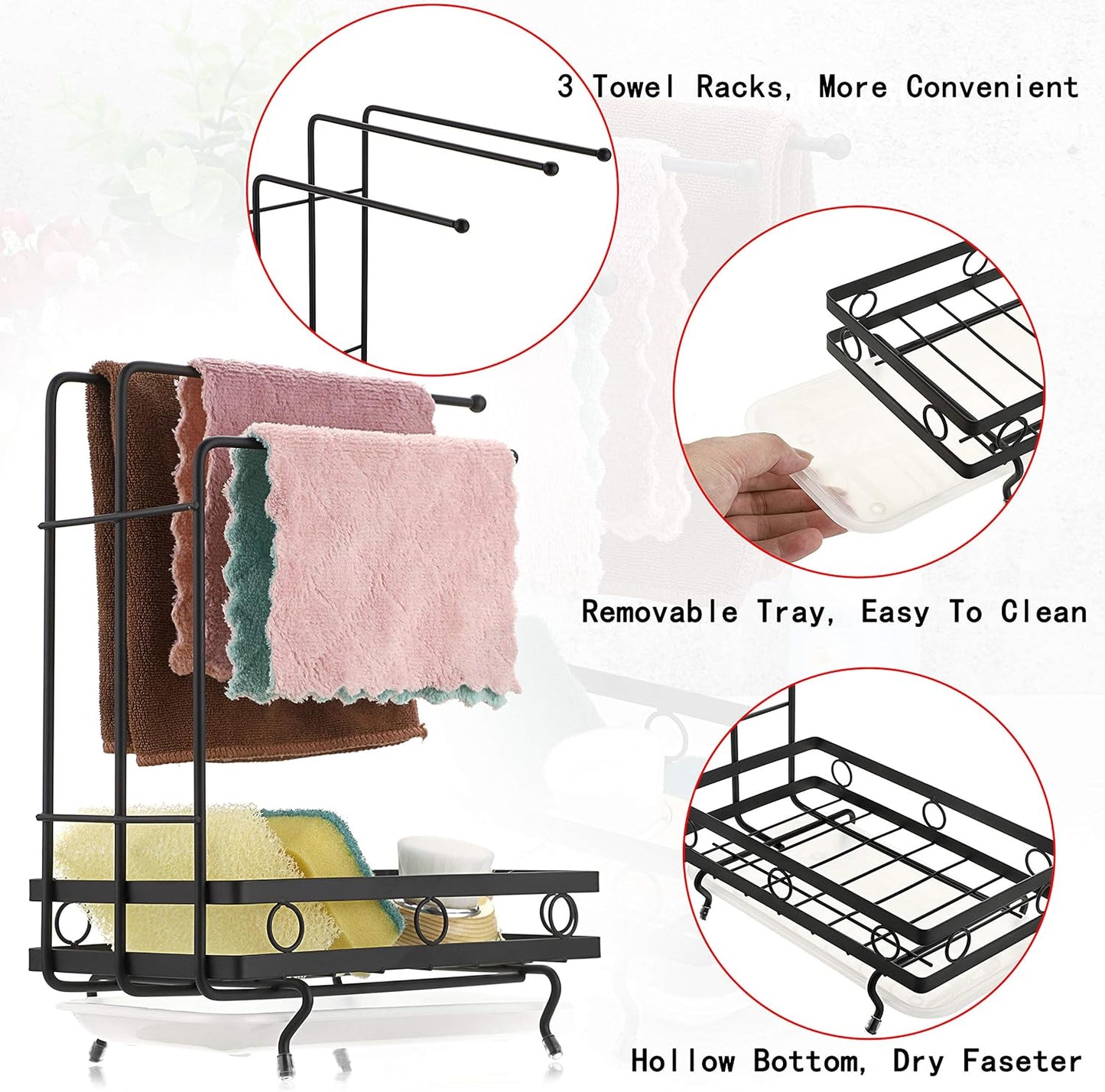JUXYES Kitchen Sink Caddy Sponge Holder with Dishcloth Drying Rack, Storage Organizer for Kitchen Countertop, Black