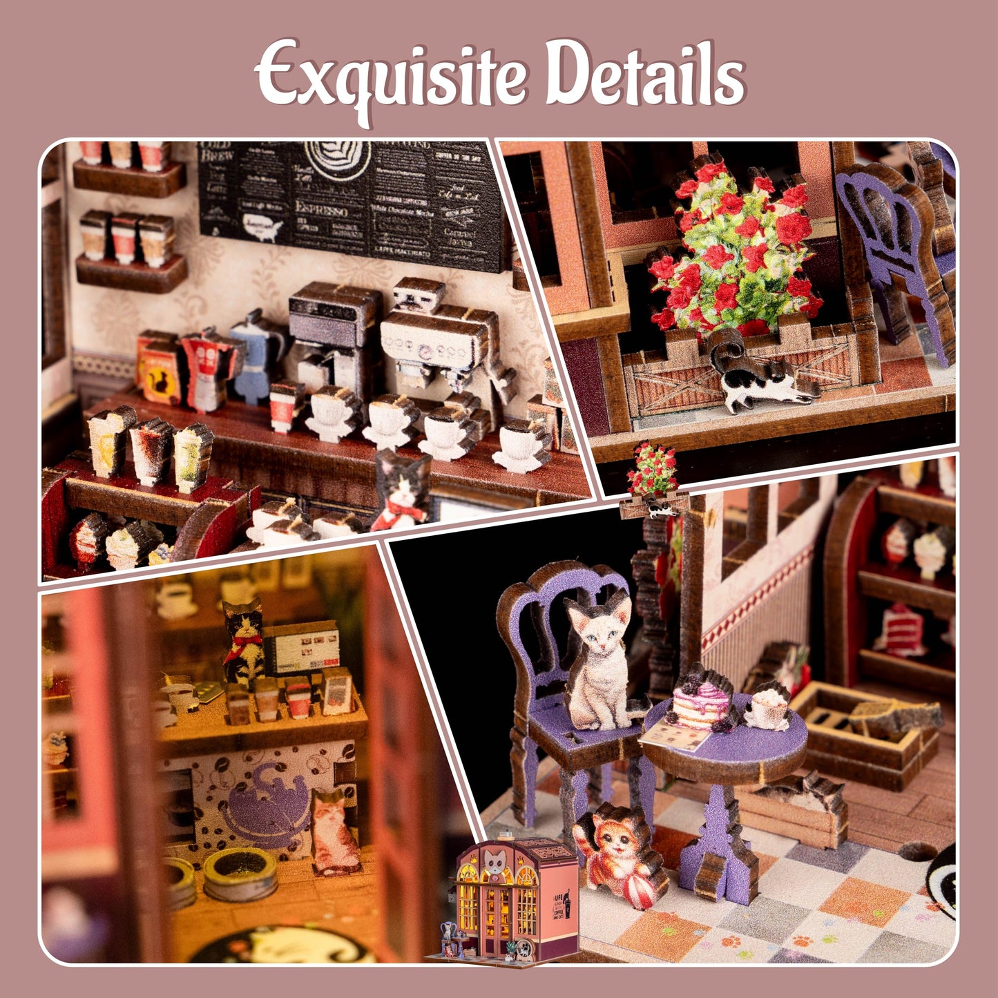 3D Book Nook DIY Kit with Batteries Light Cat Cafe Theme Wooden Building Toy House for LED Magic Book Nook Lover Bookend Bookshelf DIY Miniature Gift for Adults