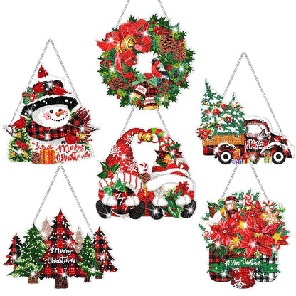 Zonon 6 Pcs Christmas Diamond Painting Hanging Sign Set 5D Gnome Snowman Diamond Art Set for Adults DIY Art Pendant Ornaments Kits Acrylic Christmas Tree Wreath Truck for Wall Window Decor