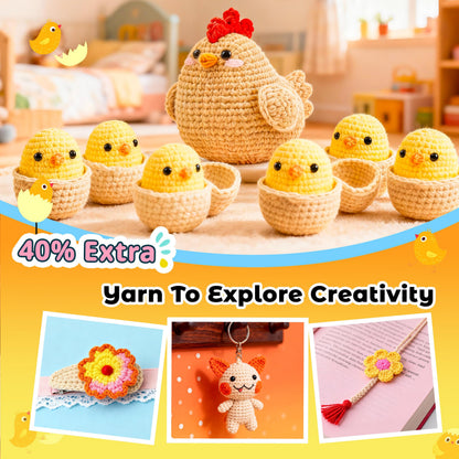 Joyclub Crochet Kit for Beginners 4 Pcs Chicken Family Amigurumi Crochet Starter Kits with Step-by-Step Video Tutorials DIY Craft Gift for Adults Kitting Lovers Mother Teacher Student