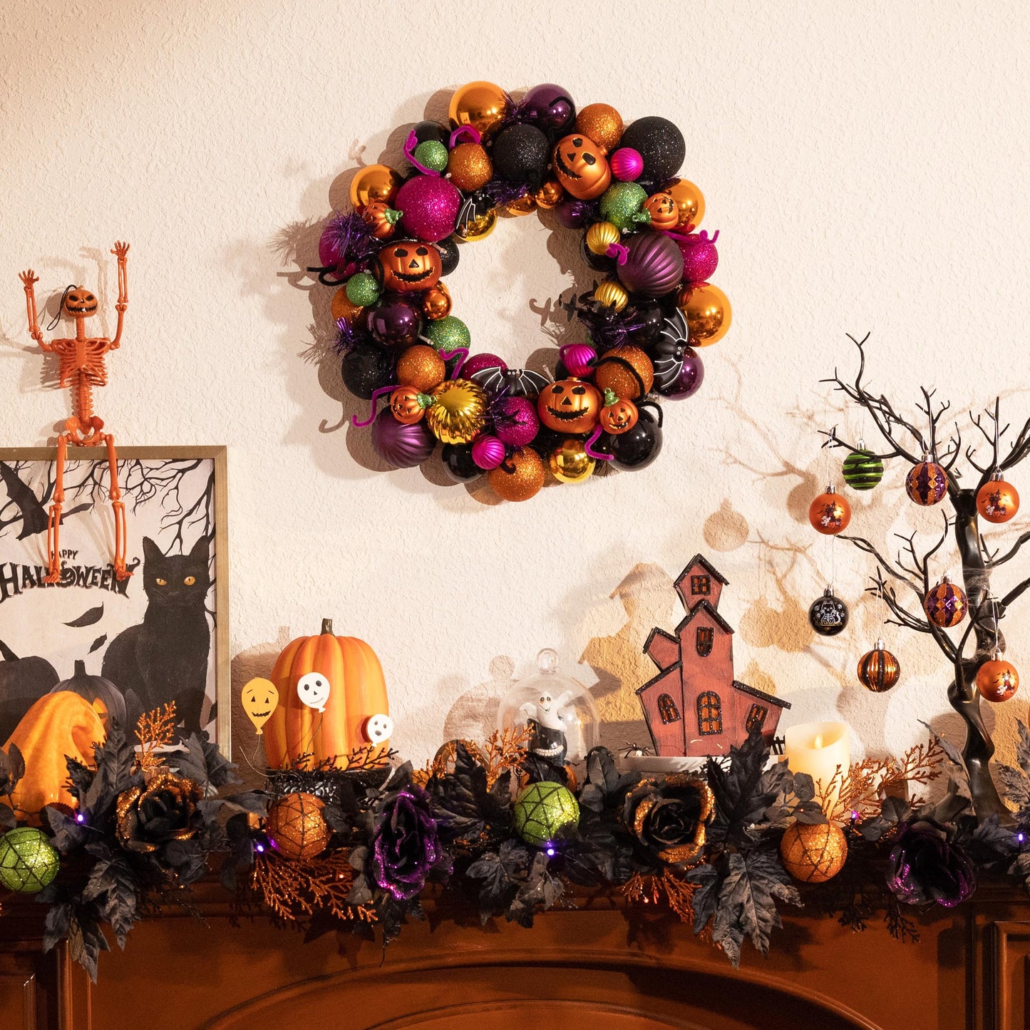 Valery Madelyn 18 Inch Halloween Wreath for Front Door with Lights, Pre-Lit Fall White Pumpkin Skull Wreath Pink Roses Halloween Decorations for Home Porch Table Centerpiece Party Holiday Autumn Decor