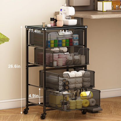Rolling Cart with Drawers, 4-Drawer Storage Cart on Wheels with Wooden Top, Metal Utility Cart with Storage Drawers, Craft Storage Art Cart for Classroom, Office, Kitchen, Bedroom,Patent Pending
