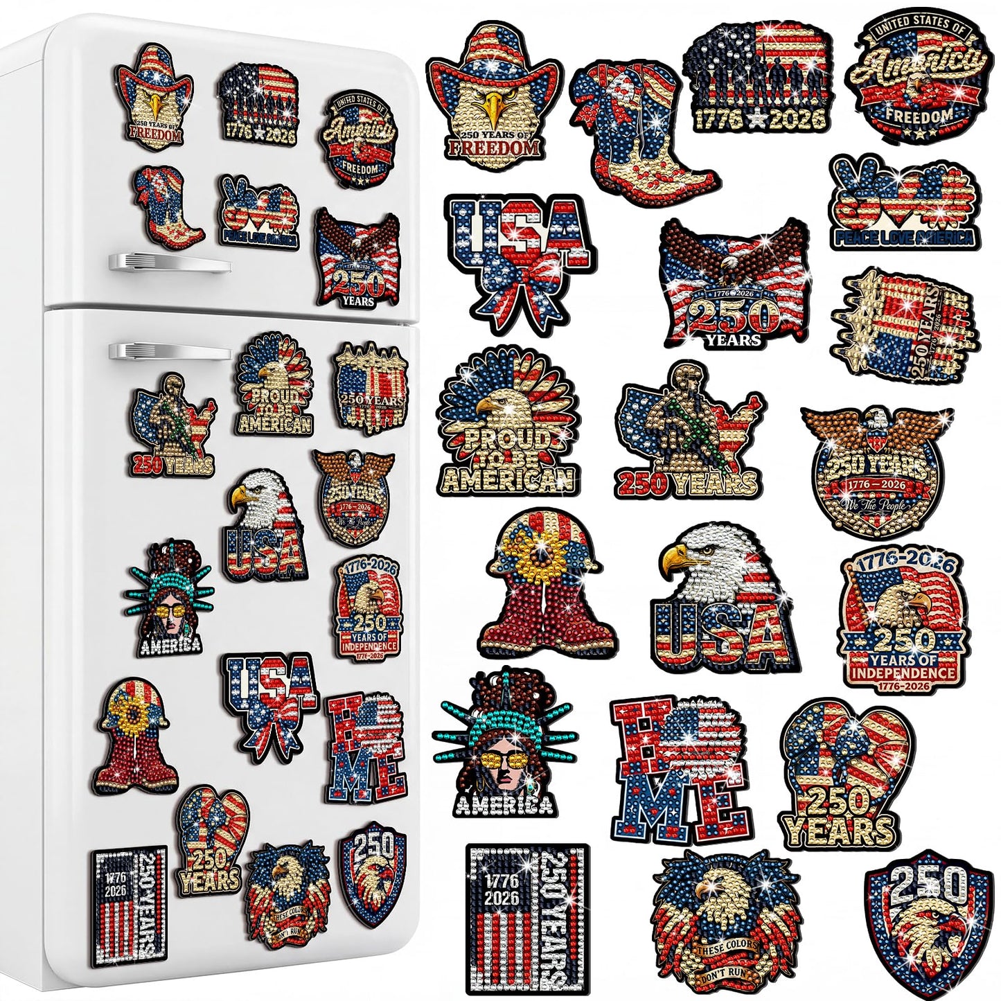 Chapou 20 Pcs 4th of July Patriotic Diamond Art Magnets 250th Anniversary Eagle Diamond Painting Magnets Memorial Day Red White Blue American Flag Magnetic Gem Art Stickers Kits for Adults DIY Decor