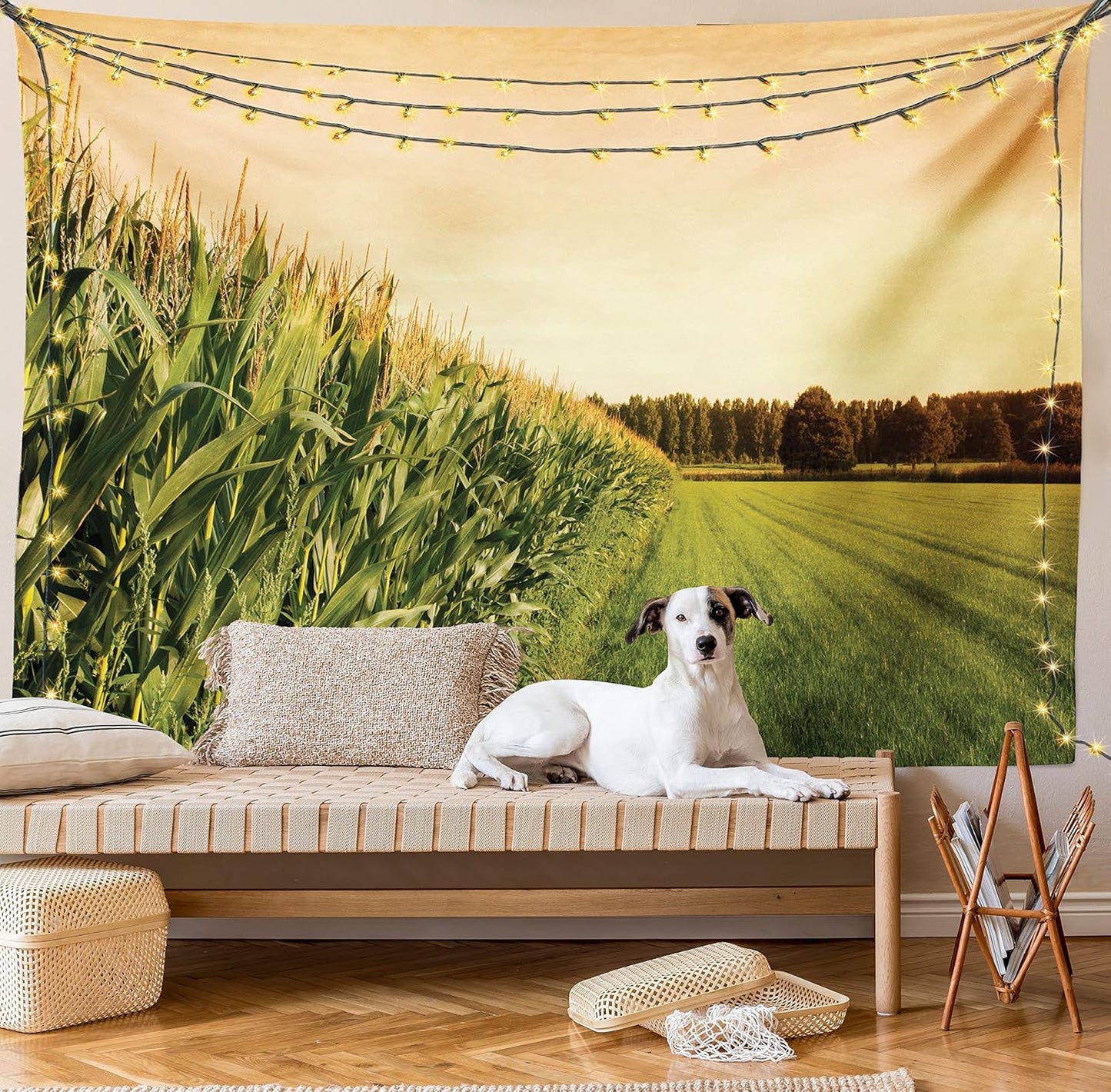 Lunarable Country Tapestry, Cornfield Farmland Landscape Scenics, Fabric Wall Hanging Decor, 45" X 30", Peach Lime Green
