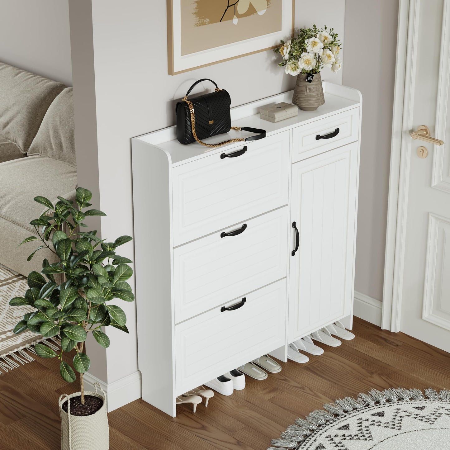 Ball & Cast Shoe Storage Cabinet with 3 Flip Drawers & 1 Drawer, Freestanding Hidden Shoe Organizer with Legs for Entryway, Narrow Shoe Rack Cabinet for Living Room,White