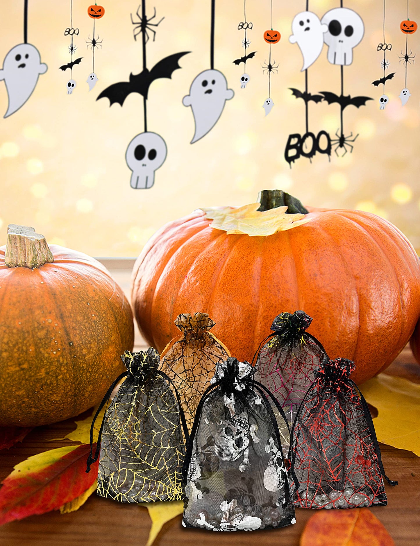Jexila 100pcs Organza Bag, 4x6, Black Mesh Drawstring Gift Bags - Small Halloween Goodie Candy Treat Bags for Kids' Tick or Treat Party Favor Bags