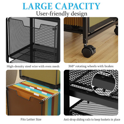 Sbanmao Rolling File Cart with 2 Storage Drawers, Mobile File Cabinet with Wheels, Hanging File Folder Organizer, Under Desk Storage, Printer Stand Utility Cart Filing Cabinet for Home Office,Black