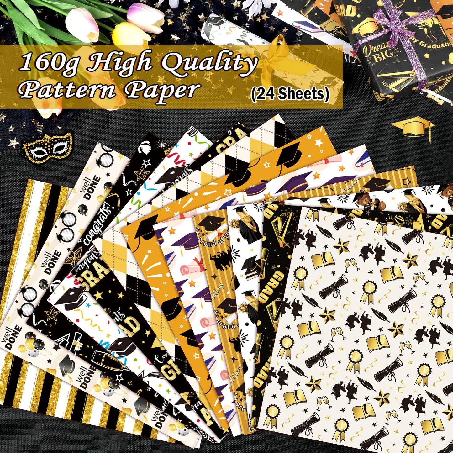 Konsait 24 Sheets Graduation Scrapbook Paper 12x12, Double Sided Grad Patterned Paper Black and Gold Decorative Cardstock Graduation Origami Papers for Card Making Scrapbook Supplies