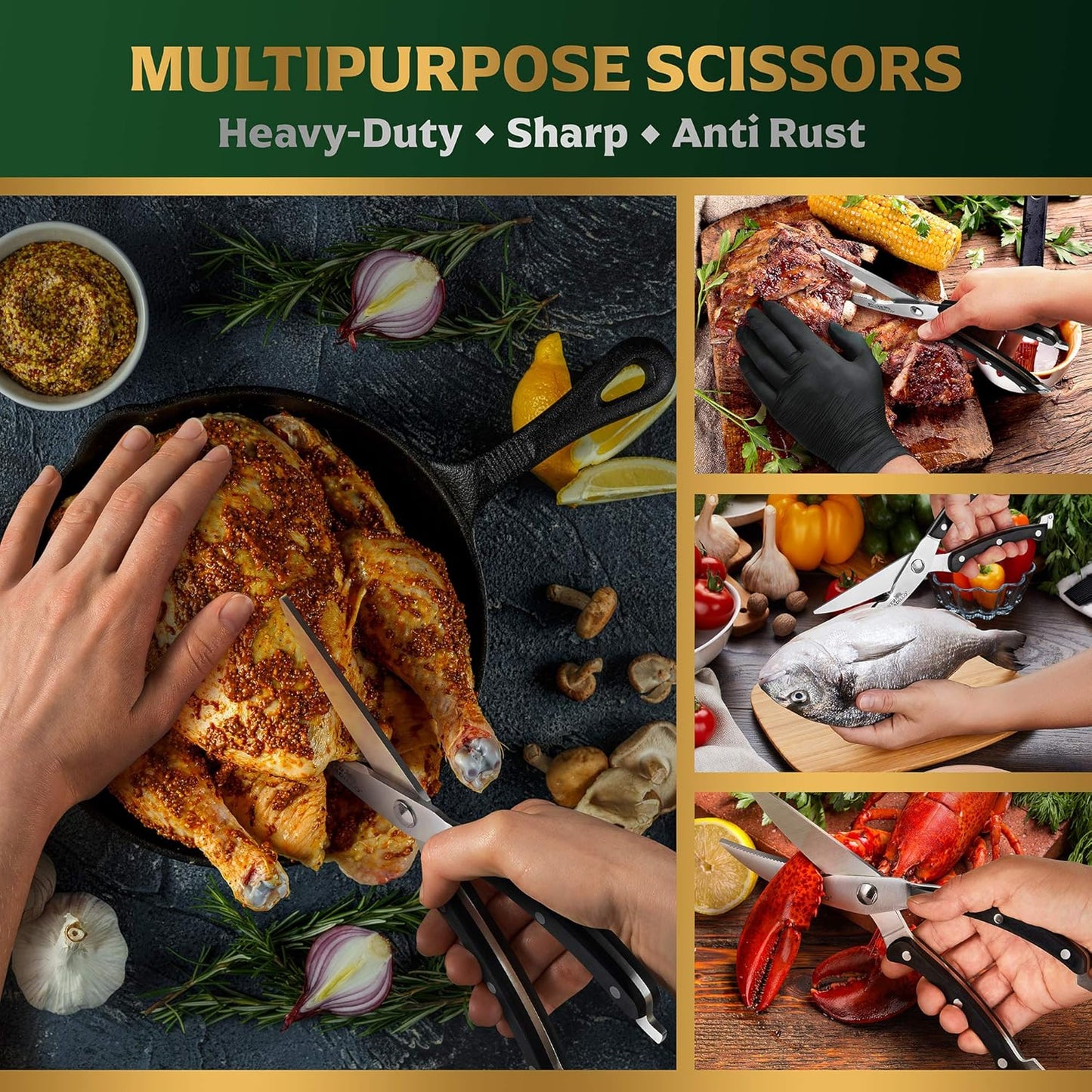 Heavy Duty Stainless Steel Poultry Shears for Bone, Chicken, Meat, Fish, Seafood, Premium Spring Loaded Scissors