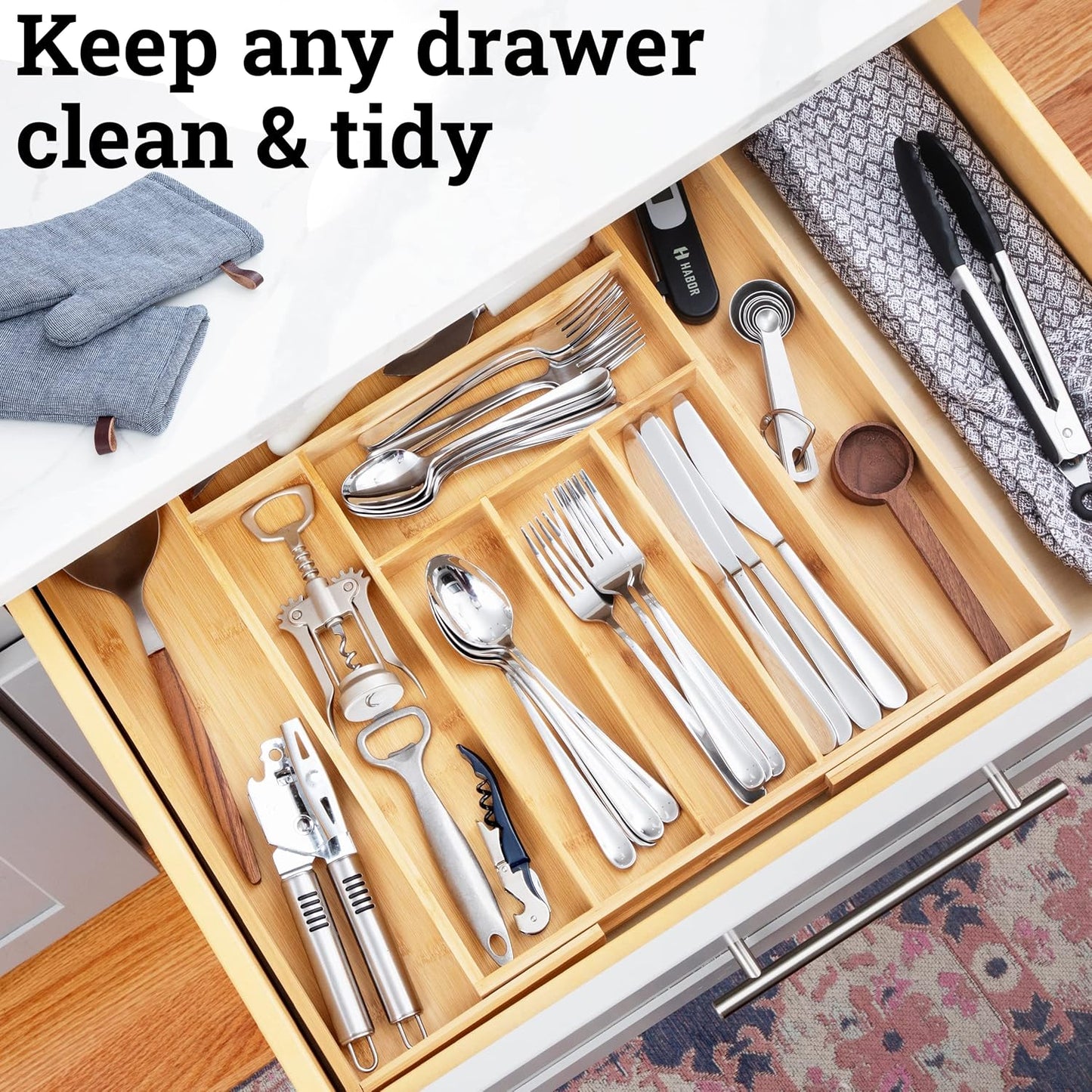 Dynamic Gear Premium Bamboo Silverware Organizer - Adjustable Kitchen Drawer Tray (6-8 slots)