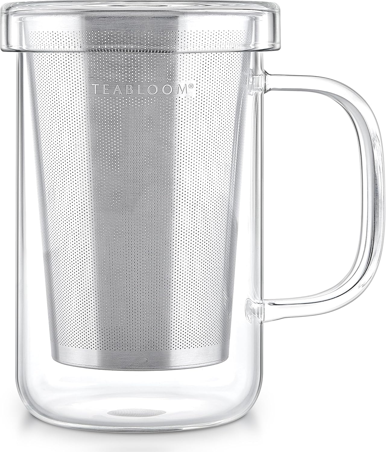 Teabloom Premium Borosilicate Glass Mug - 12 Ounces (350 mL) with Stainless Steel Loose Leaf Tea Infuser and Lid/Dish