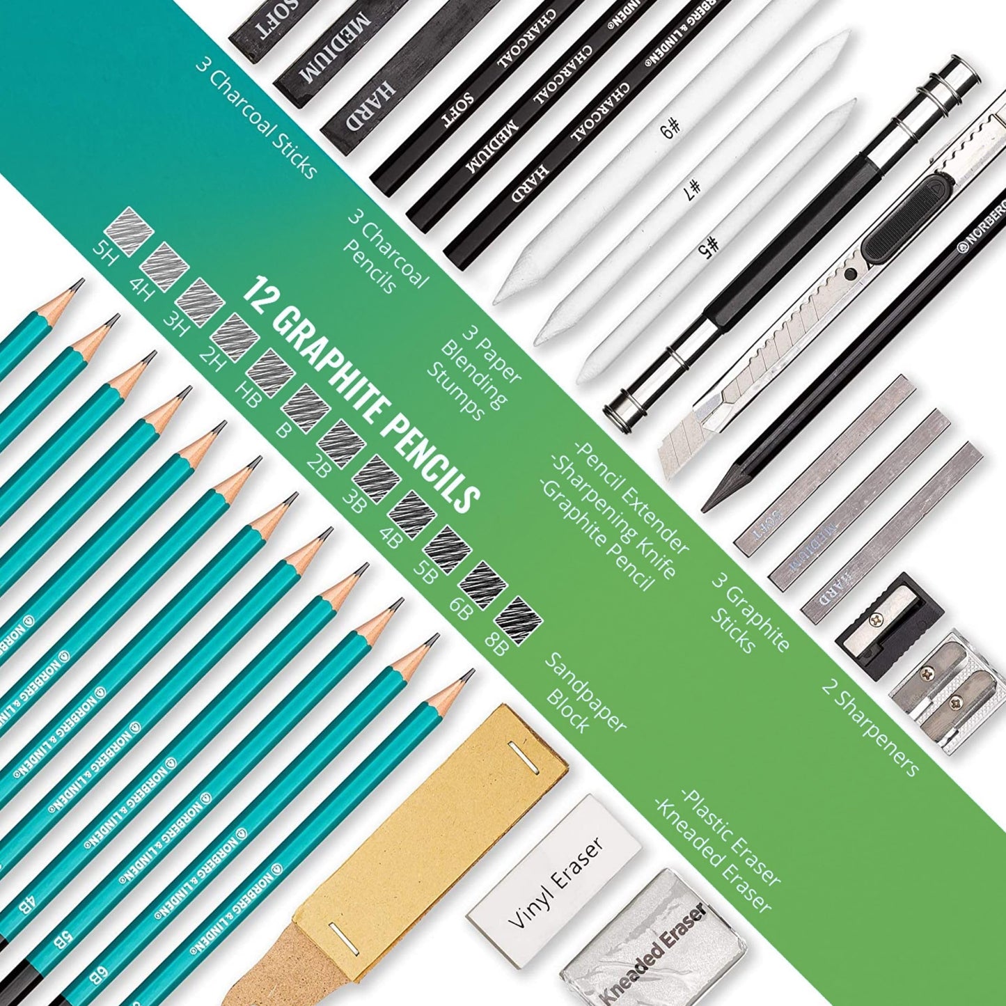 Norberg & Linden XL Drawing Set - Sketching, Graphite and Charcoal Pencils. Includes 100 Page Drawing Pad, Kneaded Eraser, Blending Stump. Art Kit and Supplies for Teens and Adults