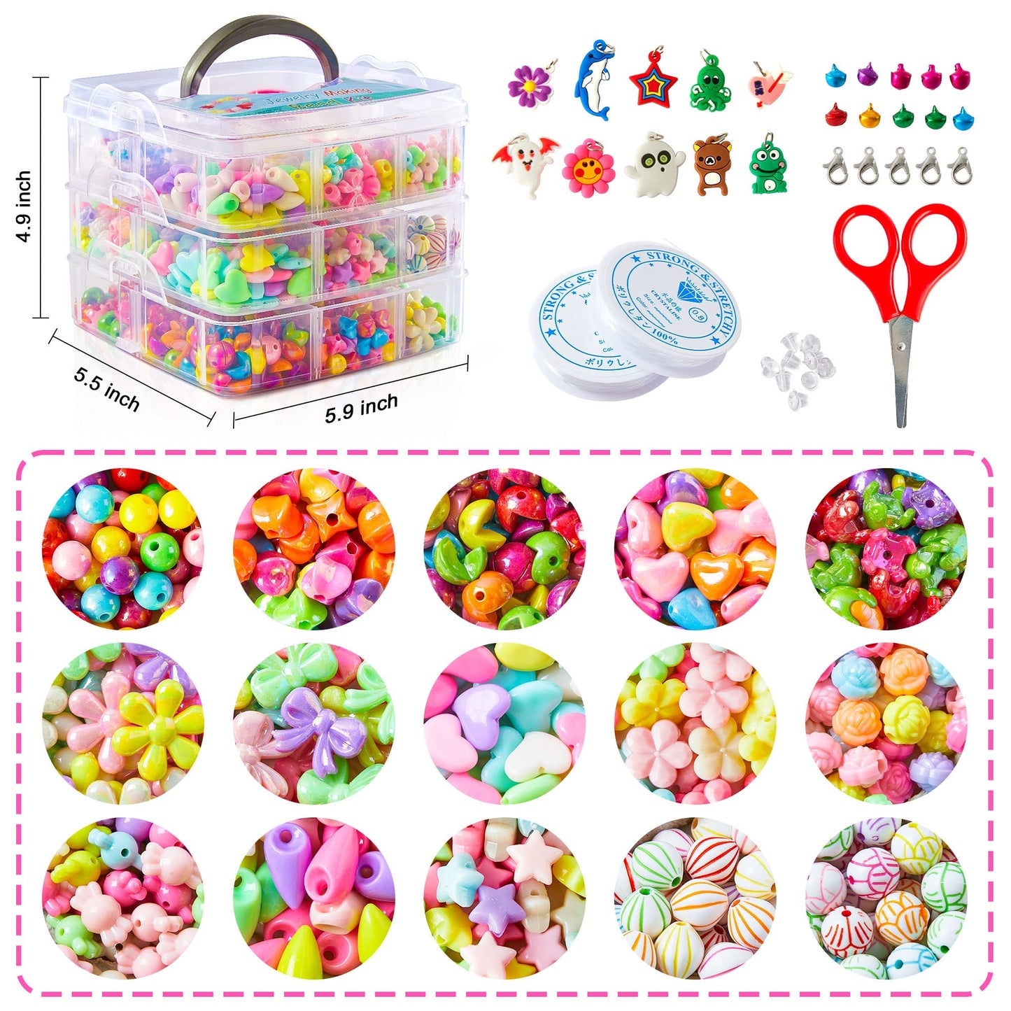 Beads for Kids Crafts, 1100 Jewelry Making Kit Includes Scissor, String, Instruction and Accessories for Bracelet Making, Toys for Girls by Inscraft
