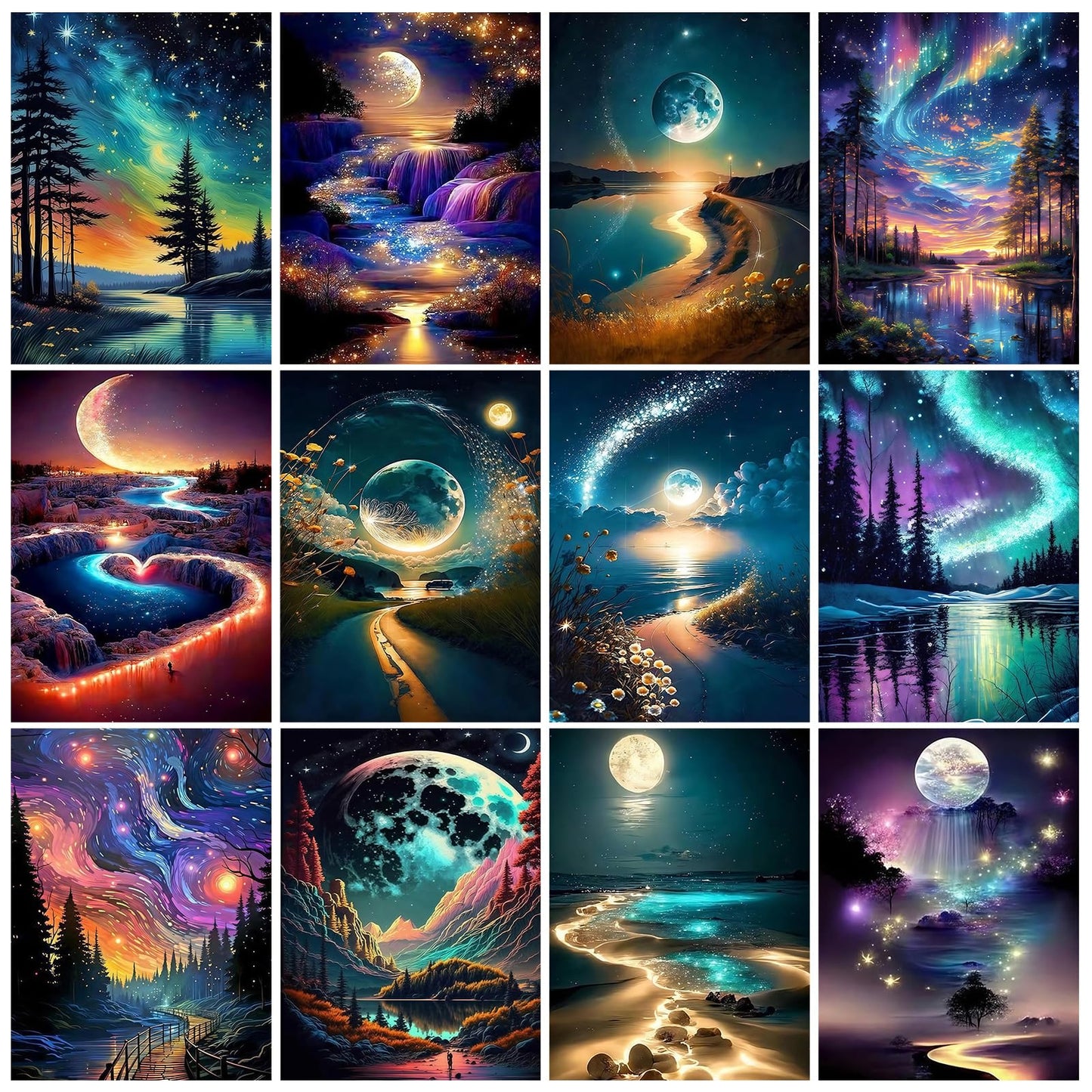 12 pk 5D Large Advanced Diamond Art Kits for Adults Multiple Packs DIY Club Round Full Drill Diamond Painting Moon Colorful with Crystal Gem Art Painting Kits Set Beginners Canvases12 x 16 Inches