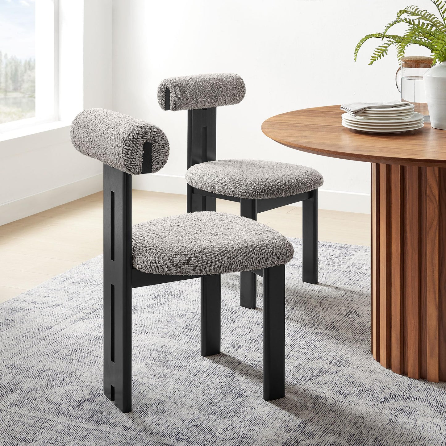 Modway Torian Upholstered Boucle Dining Chairs Set of 2 in Wenge Taupe - 3-Legged Farmhouse Kitchen Chairs - Mid-Century Modern Armless Accent Chairs - Comfortable Side Chairs with Wood Legs