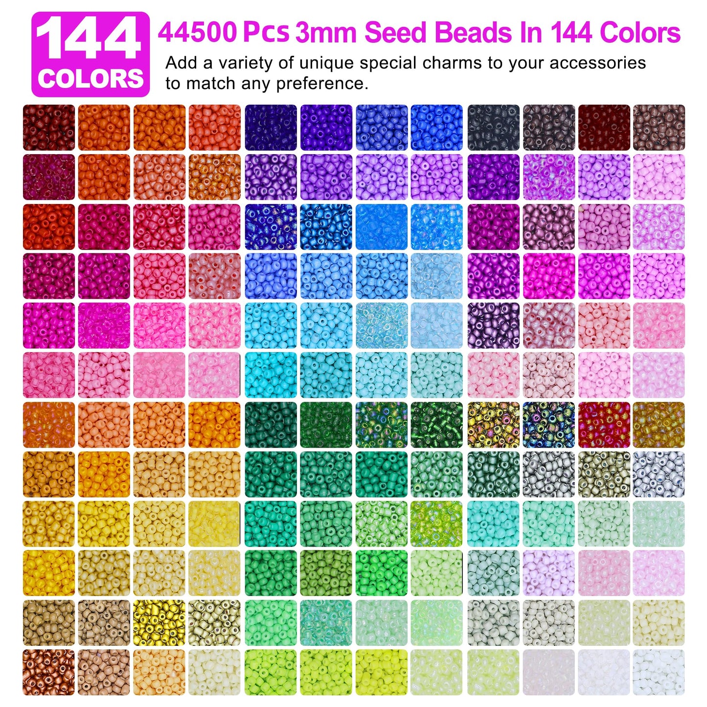 Redtwo 3mm 44500pcs Glass Seed Beads Kit, 7 Boxes 144 Colors Small Beads for Bracelets, Friendship Bracelet Kit with Charms and Letters