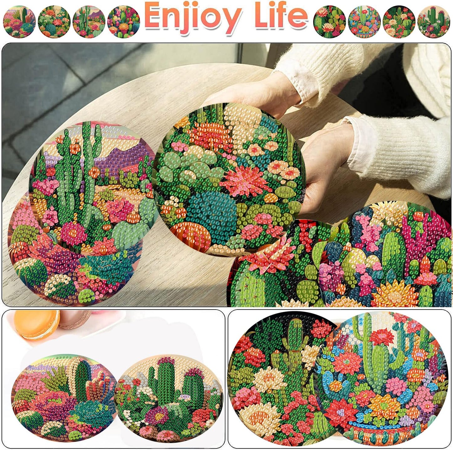 ijbnhd 8 Pcs Cactus Diamond Art Coasters Kit, Cactus Diamond Painting Coasters with Holder, Arts and Crafts Supplies Astral 4X4inch (Cork Wooden Pad)