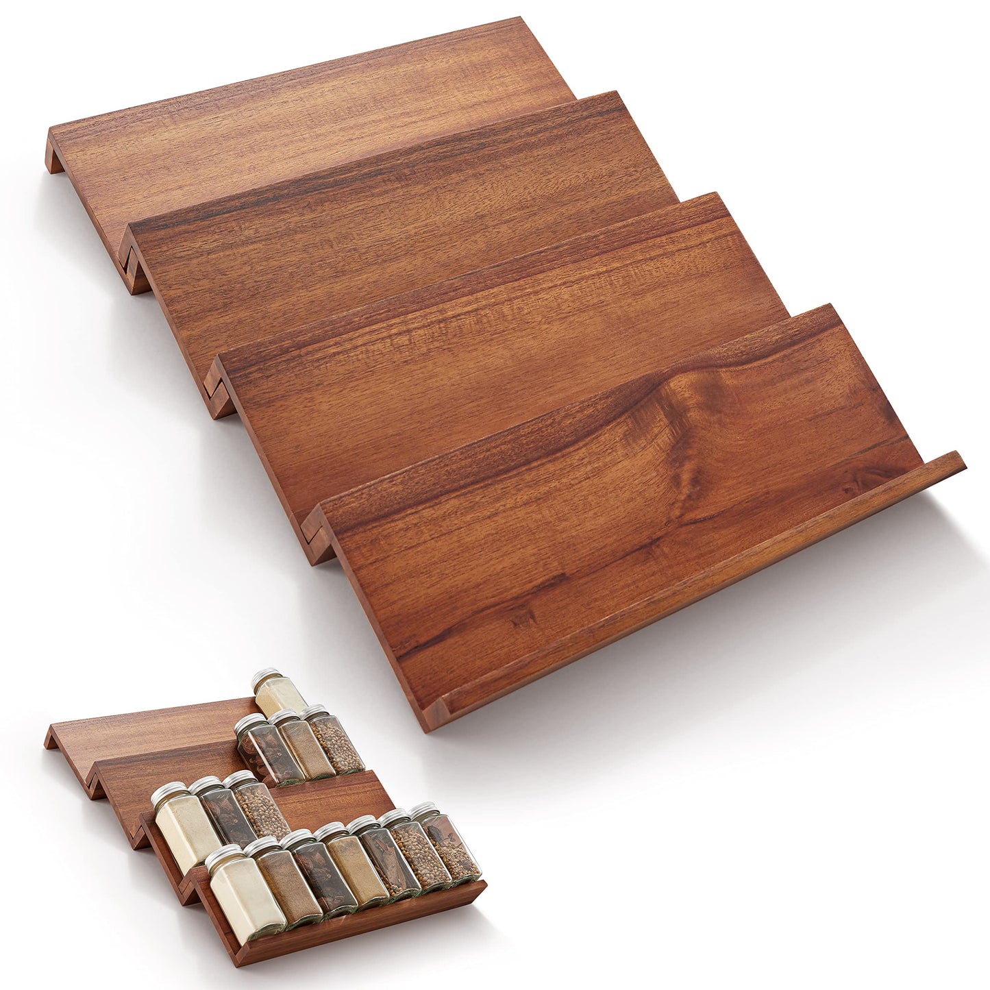 Tinamo Wood Spice Drawer Organizer - Acacia Wooden Tray Spice Racks Organizer for Cabinet Storage Shelf - 4 Tier Spice Rack for Drawer 32 Jars (Pack 4)