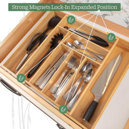 Utensil Drawer Organizer - 3" Deep 100% Bamboo Expandable Adjustable Kitchen Silverware Storage Tray with Magnetic Lock