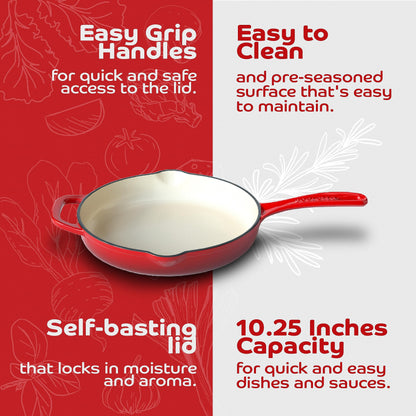 Segretto Cookware Enameled Cast Iron Skillet, 10.25-IN Rosso (Gradient Red) Enamel Skillet Pan, No Seasoning Required and Cast Iron Frying Pan