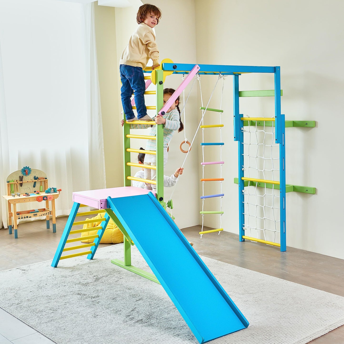 Avenlur Grove 9-in-1 Indoor Jungle Gym Playground: Montessori Waldorf Style Wood PlaySet for Kids, and Toddlers Features Monkey Bars, Rope Wall Net, Ladder, Climber, Slide, Ring Set. Ages 2-11yrs