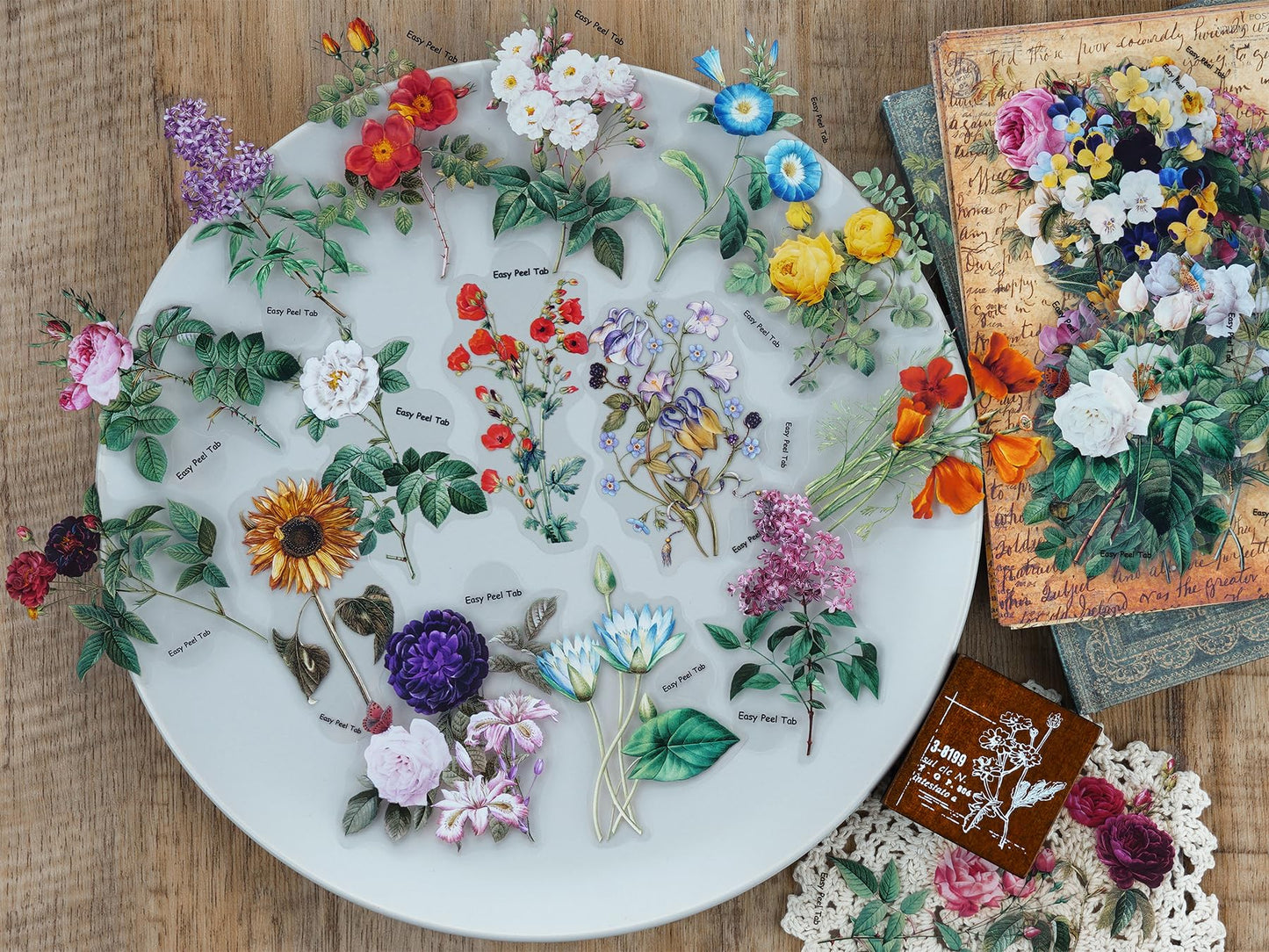 Knaid 100 Pieces Vintage Flower Stickers Set - Big 3.4" Waterproof Clear Botanical Floral Journaling Sticker for Scrapbooking Junk Journal Supplies Bullet Journals Planner Collage Laptop Paper Crafts
