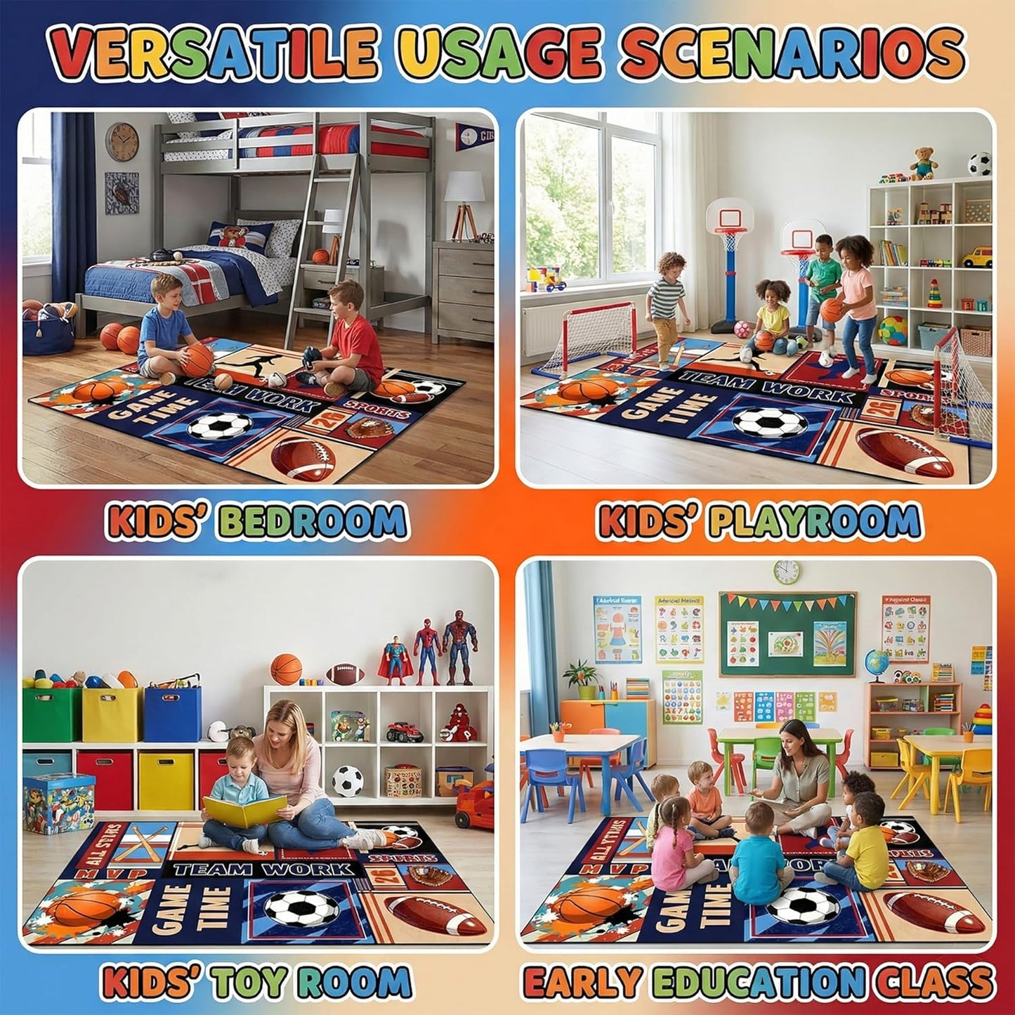 3x5 BATATADOCE Sports Rug for Boys Bedroom - Feet Basketball Football Soccer Baseball Area Rug for Kids Room Playroom