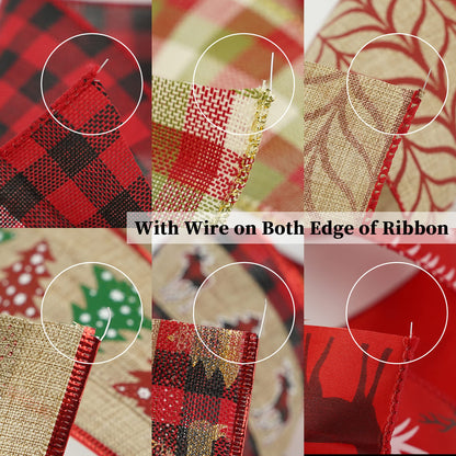 MEEDEE Burlap Wired Ribbon 2.5 Inch 6 Rolls 36 Yards Buffalo Plaid Ribbon for Wreaths, Tree Decorations, Ribbon Garland