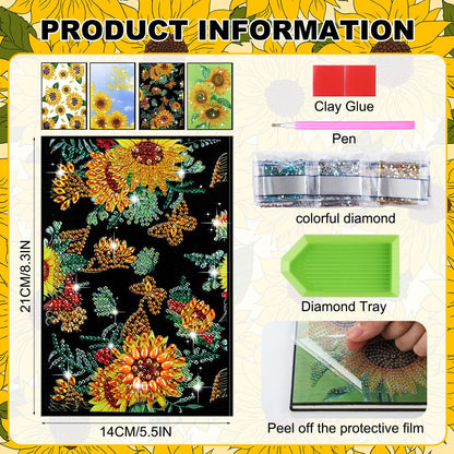 Ctosree 4 Pack Sunflower Diamond Painting Notebook, Spring Diamond Art Kits, DIY Diamond Journal,a5 Leather Arts and Crafts for Adults Diamond Sketchbook with Tools for Drawing