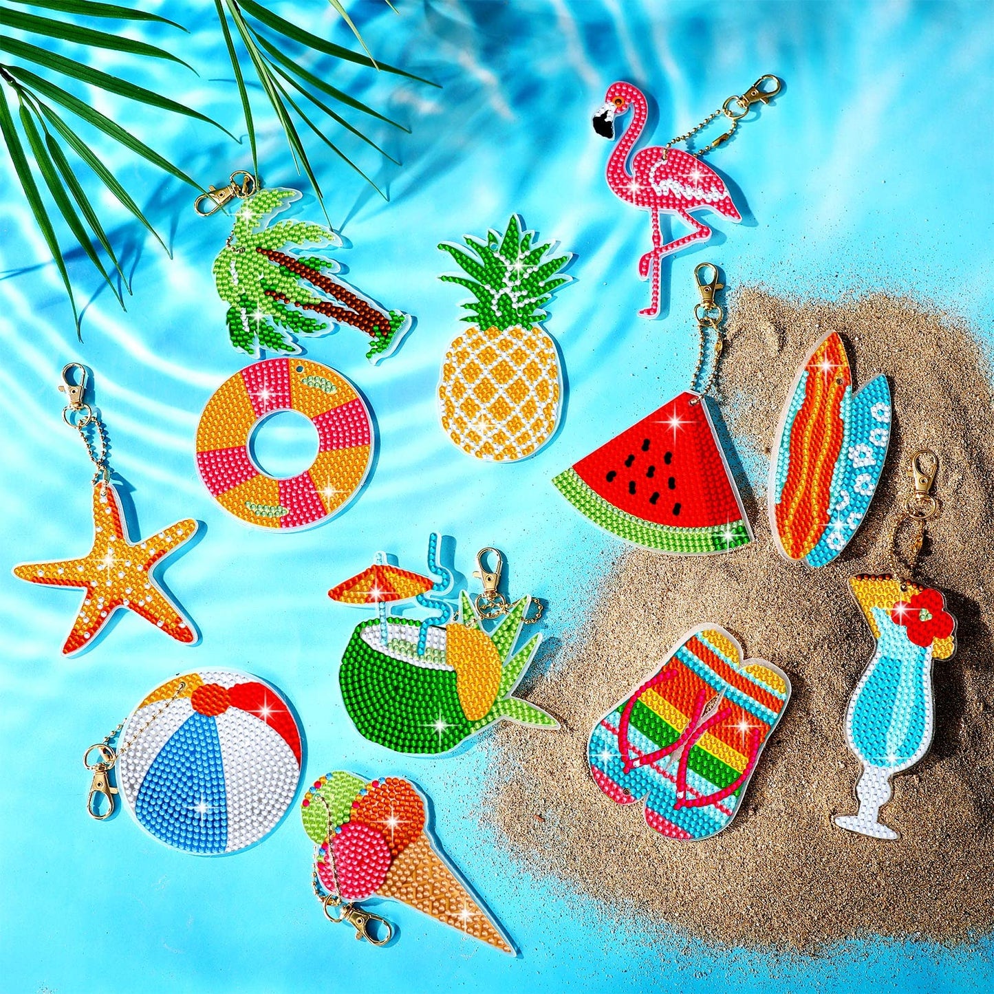 Thinkday 12 Pack Summer Diamond Painting Keychain Kits 5D Diamond Art Keychains DIY Painting Kit Summer Hanging for Kids DIY Crafts