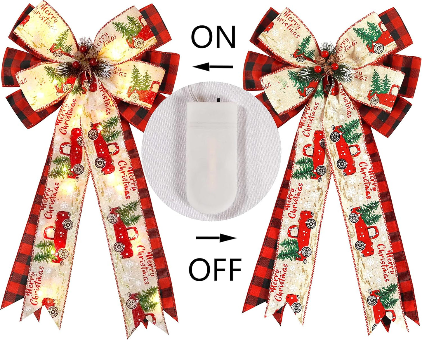 Regine Switzerland Christmas Tree Topper Bow - 30 LED Lights, 13”x25” Rustic Red Black Buffalo Plaid Decor
