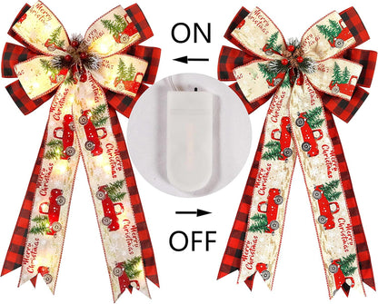 Regine Switzerland Christmas Tree Topper Bow - 30 LED Lights, 13”x25” Rustic Red Black Buffalo Plaid Decor