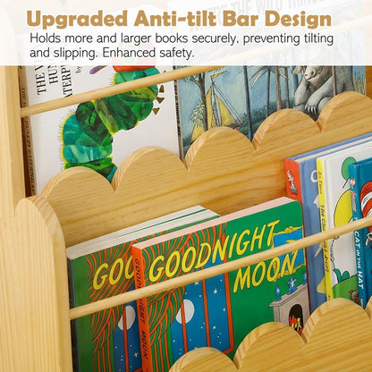 Amdermi Scalloped Design | 3-Tier Montessori Solid Wood Kids Bookcase | 29.6" Wide Toddler Storage Shelf | Easy Access Floor Display Furniture for Playroom/Nursery
