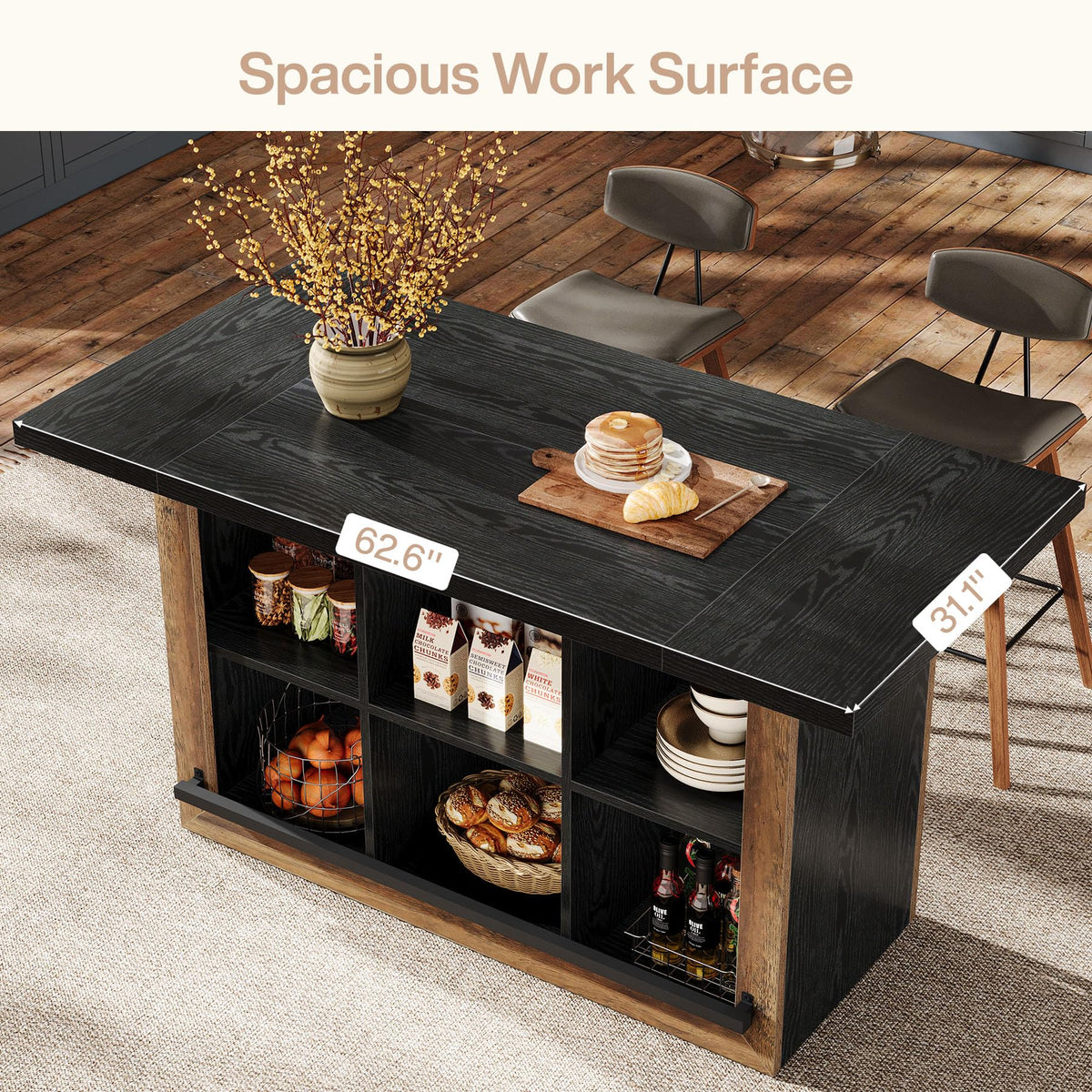 Tribesigns Kitchen Island with Storage, 62.6" Farmhouse Table with 6-Cubby Open Shelves & Metal Foot Rail, Butcher Block Style Counter Height Stationary Unit